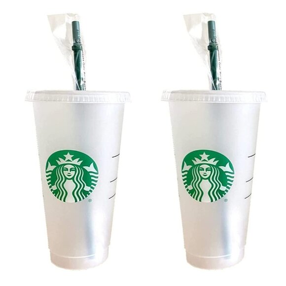 Starbucks 2-Pack Reusable Venti Frosted Cold Cups 24 oz with Lids & Green Straw - Picture 1 of 6
